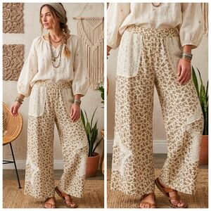 Floral Beige Wide-Leg Patchwork Stars Pants